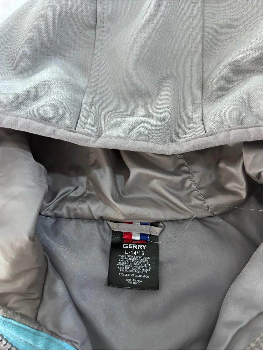 Gerry Weber Gray Hooded Puffer Jacket with Teal Trim. Size Youth L